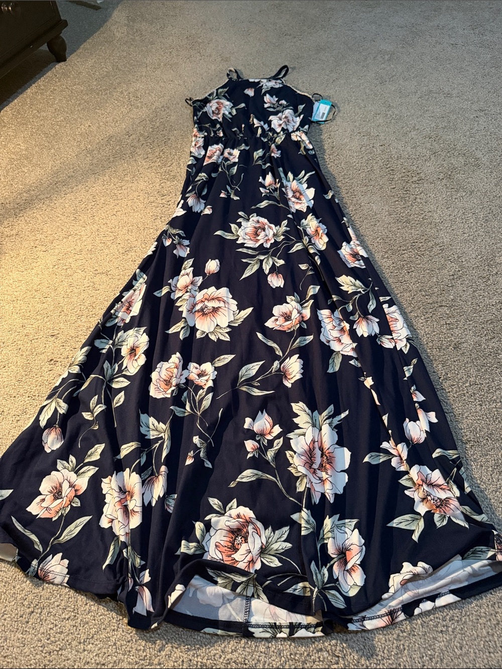 French Grey Navy Floral Maxi Dress with Spaghetti Straps